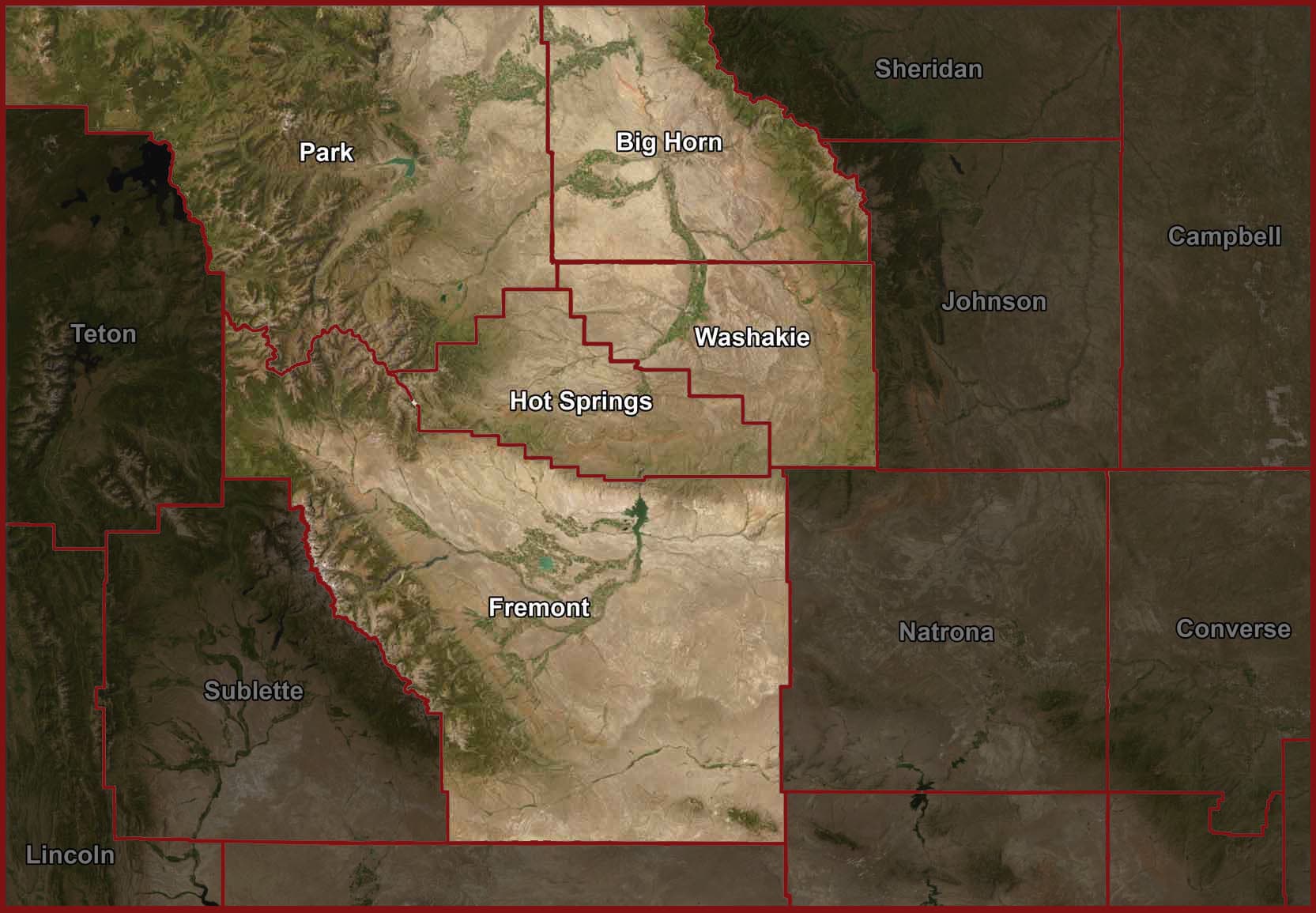 Map of Northwest Wyoming with Park, Big Horn, Washakie, Hot Springs, and Fremont counties — Richard Realty service area