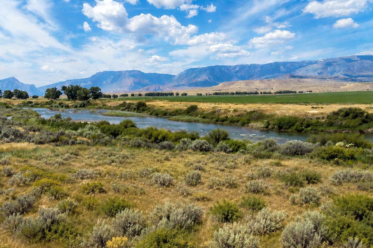 The Clarks Fork of the Yellowstone River winding through sagebrush flats north of Cody, with the Beartooth foothills on the horizon