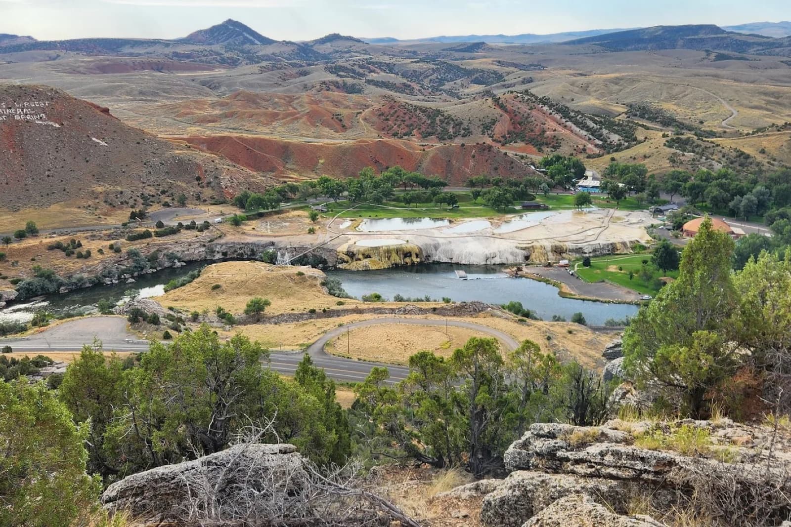 Overlook of the Bighorn River bend and mineral hot spring terraces above Thermopolis in Hot Springs County, Wyoming